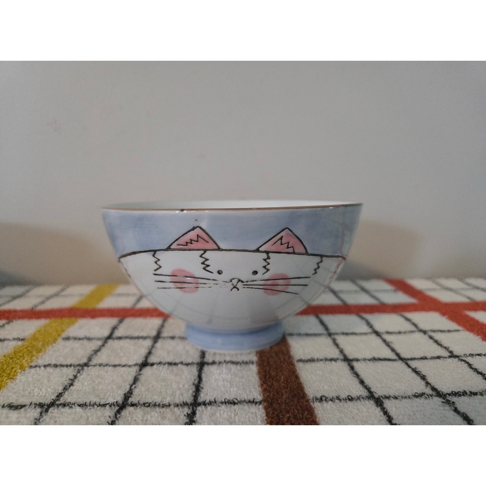 Nantucket Ceramic Cat Bowls Set of 3 Blue White Whimsical Hand Painted Style